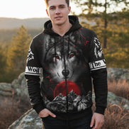 Black hoodie with wolf design and red moon on a white background