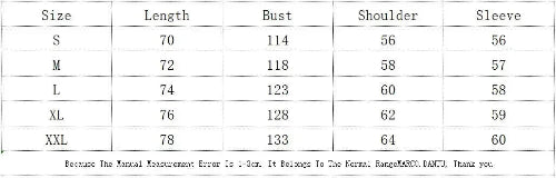 Table showing measurements for different sizes of clothing items including length, bust, shoulder, and sleeve.