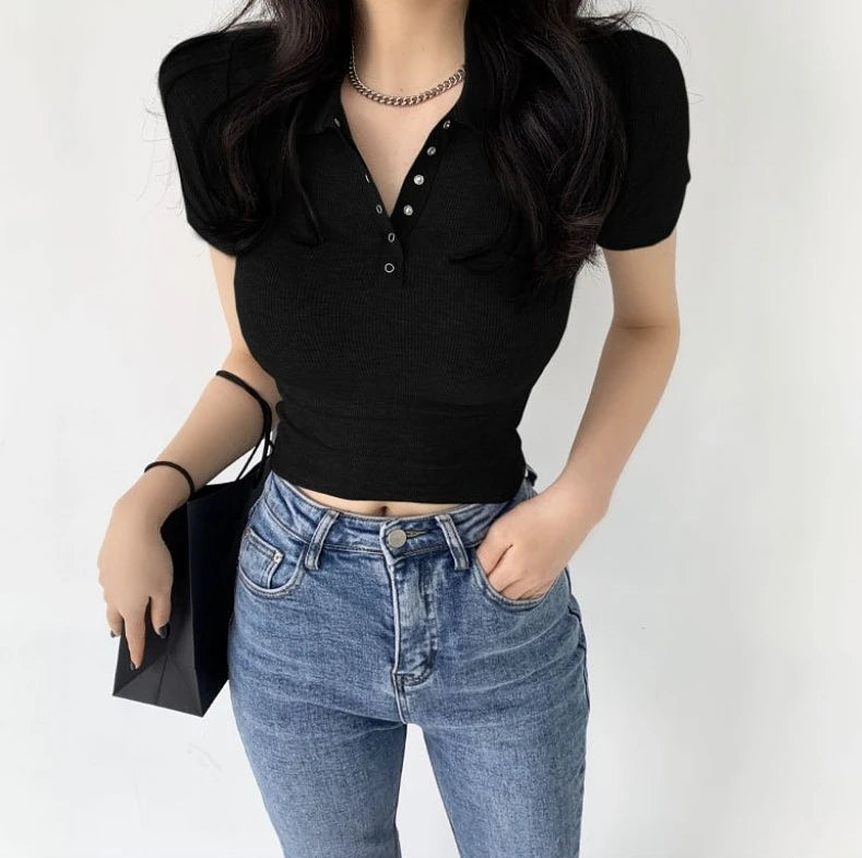 Polo Neck Shirt for Women Sexy Woman T Coquette Clothes Plain 100℅ Cotton Button Slim Korean Style with Collar Pretty Cheap Tops