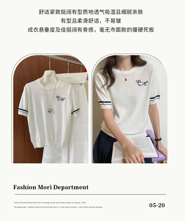 Summer 100% cotton women's T-shirt casual solid color knitted pullover short sleeved loose round neck Tees Pull embroidered Tops