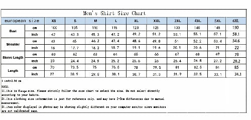 Men's shirt size chart with European size labels and measurements.