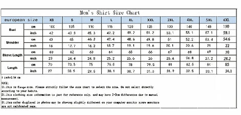 Men's shirt size chart with European size labels and measurements.