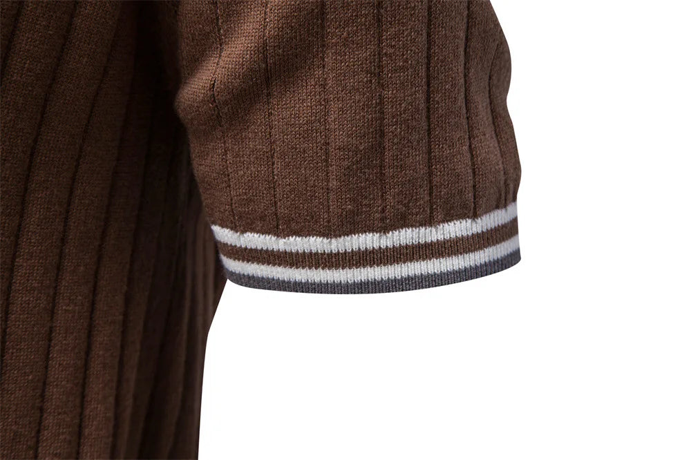 Men's Knitted Polo Shirt Summer Short Sleeve Striped Collar Casual Business Tops Brown With Striped Collar and Cuffs