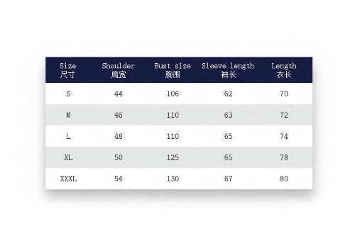Size chart for clothing with measurements in centimeters on a blue background