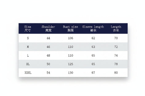 Size chart for clothing with measurements in centimeters on a blue background