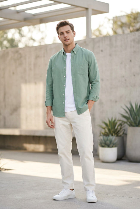 Green shirt on a hanger against a gray background