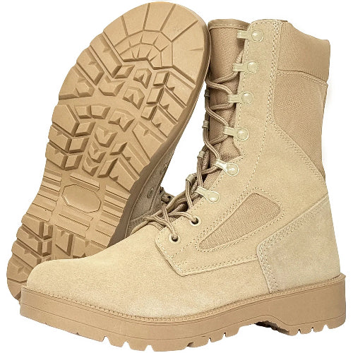 Tan tactical boots with a close-up of the sole on a white background