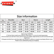 A size chart table for Leviortin clothing, showing measurements in centimeters and inches for sizes M, L, XL, and 2XL across shoulder, bust, sleeve, and length. The Leviortin logo appears at the top left.
