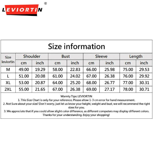 A size chart table for Leviortin clothing, showing measurements in centimeters and inches for sizes M, L, XL, and 2XL across shoulder, bust, sleeve, and length. The Leviortin logo appears at the top left.