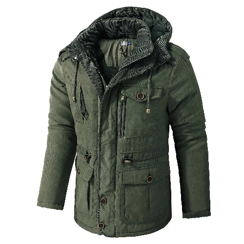 Green winter jacket with a hood on a light gray background
