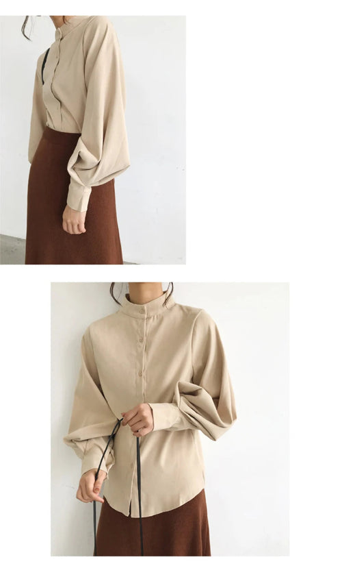 Beige blouse with brown skirt on a white background