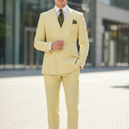Light yellow suit with a tie and pocket square on a mannequin against a white background