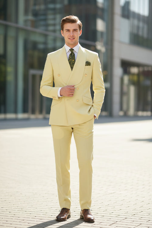 Light yellow suit with a tie and pocket square on a mannequin against a white background
