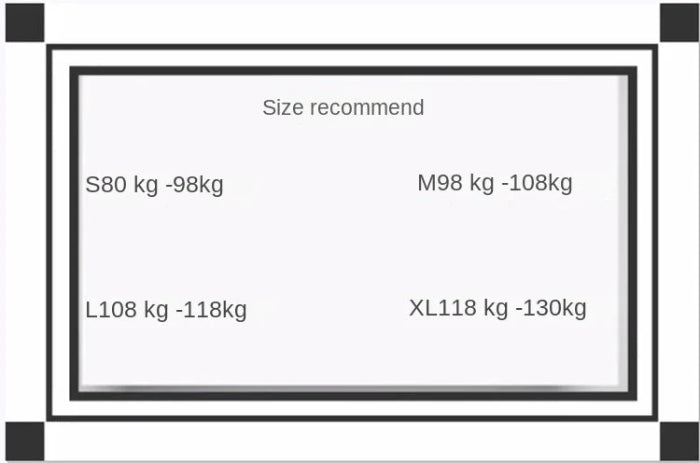 A size recommendation chart showing weight and height ranges for four sizes: S80 kg -98kg, M98 kg -108kg, L108 kg -118kg, and XL118 kg -130kg, presented in a clean white box with black borders.