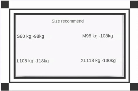 A size recommendation chart showing weight and height ranges for four sizes: S80 kg -98kg, M98 kg -108kg, L108 kg -118kg, and XL118 kg -130kg, presented in a clean white box with black borders.
