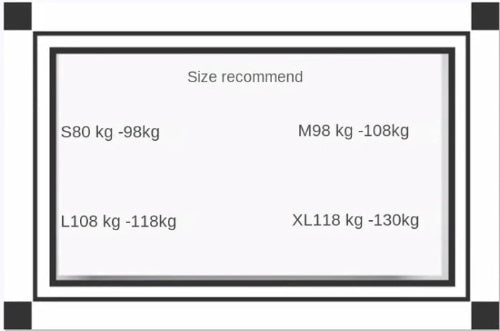 A size recommendation chart showing weight and height ranges for four sizes: S80 kg -98kg, M98 kg -108kg, L108 kg -118kg, and XL118 kg -130kg, 