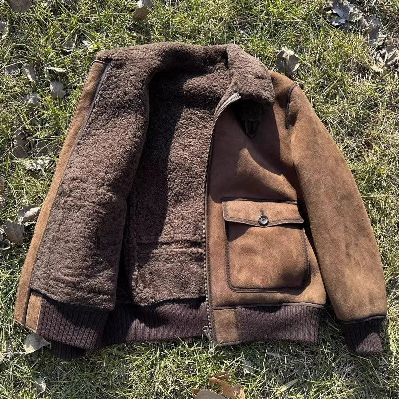 Luxury Genuine Leather Suede Men Jacket Wool Lining Coat Retro Winter Warm Sheepskin Jackets Turndown Collar Real Fur Outerwear
