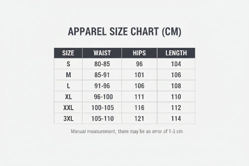 Size chart for waist, hips, and length measurements in centimeters.