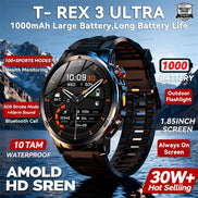 Smartwatch with mountainous background and feature text overlay