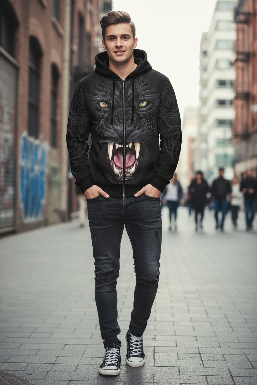 Black hoodie with a panther face design on a white background