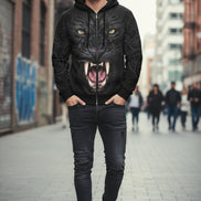 Black hoodie with a panther face design on a white background