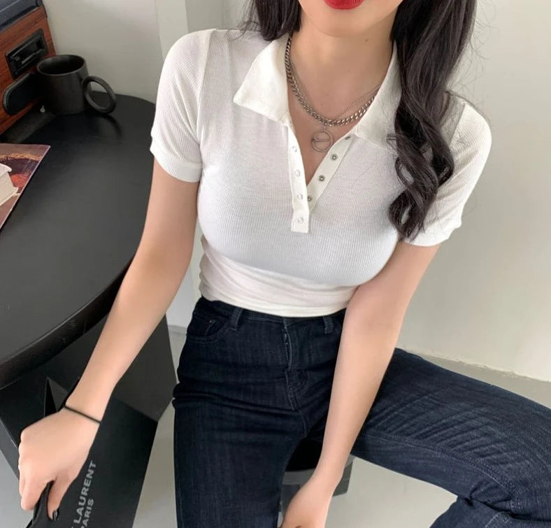 Polo Neck Shirt for Women Sexy Woman T Coquette Clothes Plain 100℅ Cotton Button Slim Korean Style with Collar Pretty Cheap Tops