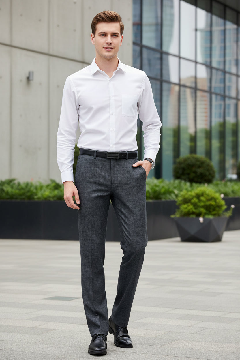 Gray wool pants with a belt on a white background