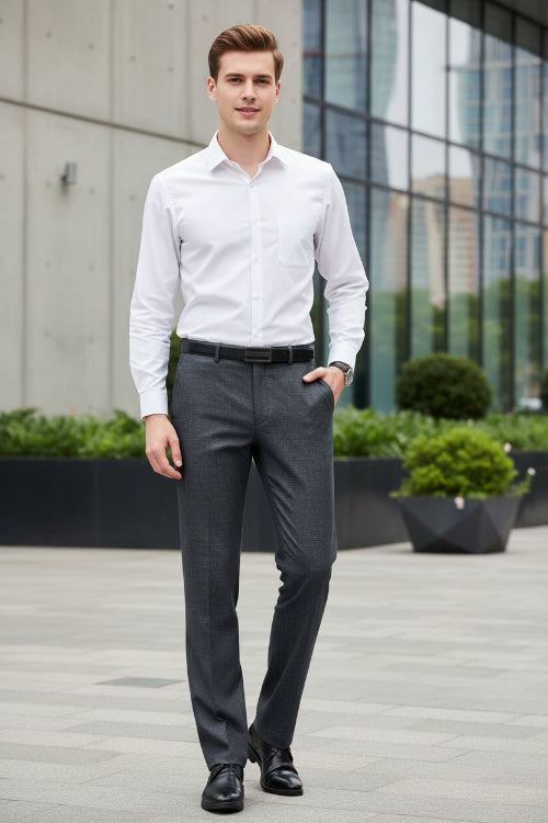 Gray wool pants with a belt on a white background