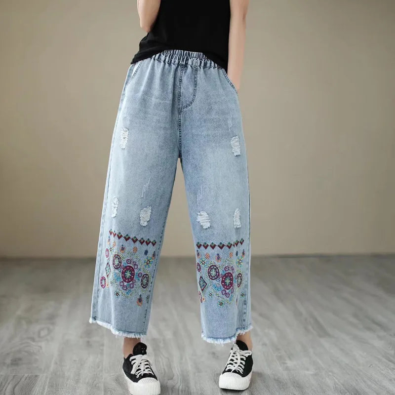 Spring Summer Ethnic Style Vintage Floral Embroidery Denim Wide Leg Pants Women High Elastic Waist Hole Casual Straight Jeans
