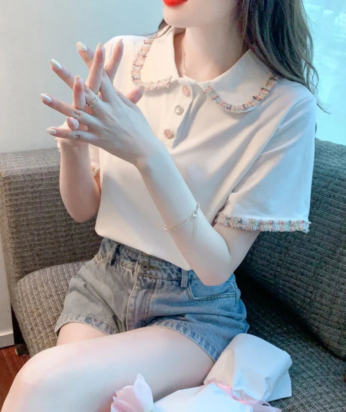 Short Sleeve Button T-shirts Summer Outfit Lapel Baggy Female Tee Aesthetic Clothing Sales Y2k Fashion Youth Women's Polo Shirts
