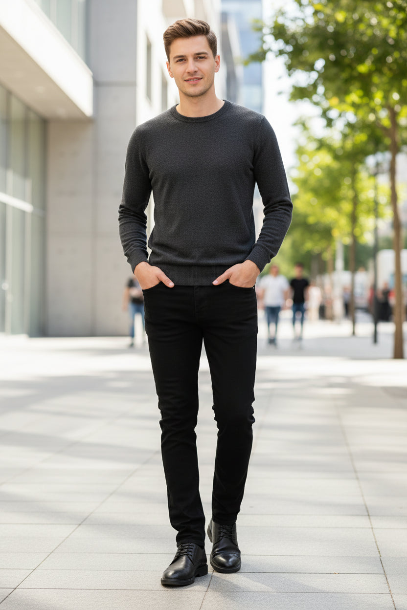 Person wearing black pants and a gray sweater against a gray background