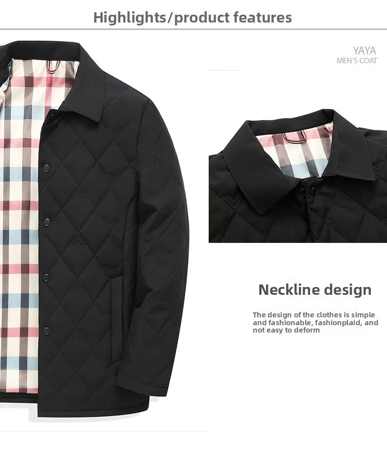 Top Grade Men Parka Jacket Windbreaker Coats Diamond Quilted Bubble Coat Middle-aged Winter Warmth Turn-Down Collar Coat