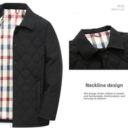 A black quilted men's jacket with a plaid lining, shown on a white background with feature callouts including 'Highlights/product features' and 'Neckline design.' A small 'YAYA MEN'S COST' mark appears in the top right.