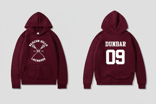 Maroon hoodie with 'Beacon Hills Lacrosse' front and 'Dunbar 09' back on a white background