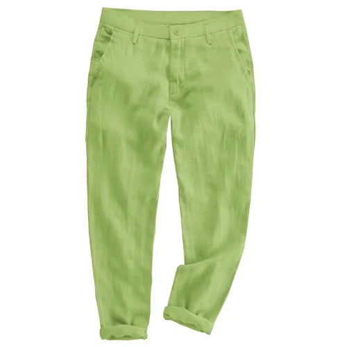 A pair of light green trousers shown flat against a solid white background.