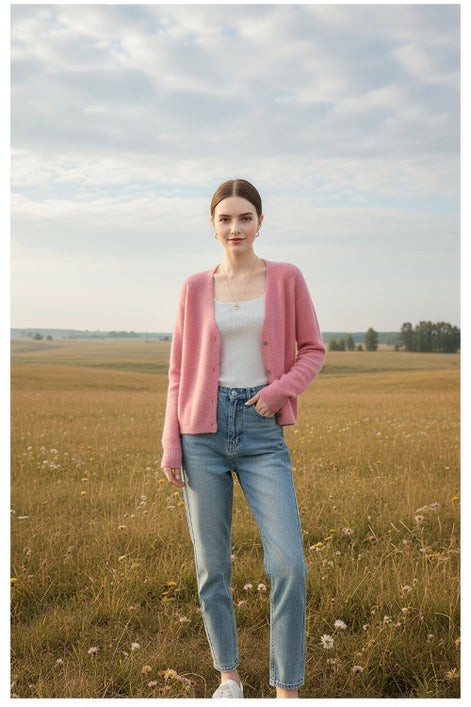 A woman wearing a soft pink fuzzy knit cardigan over a white top, with large text overlay reading 'ASIIMERE' 
