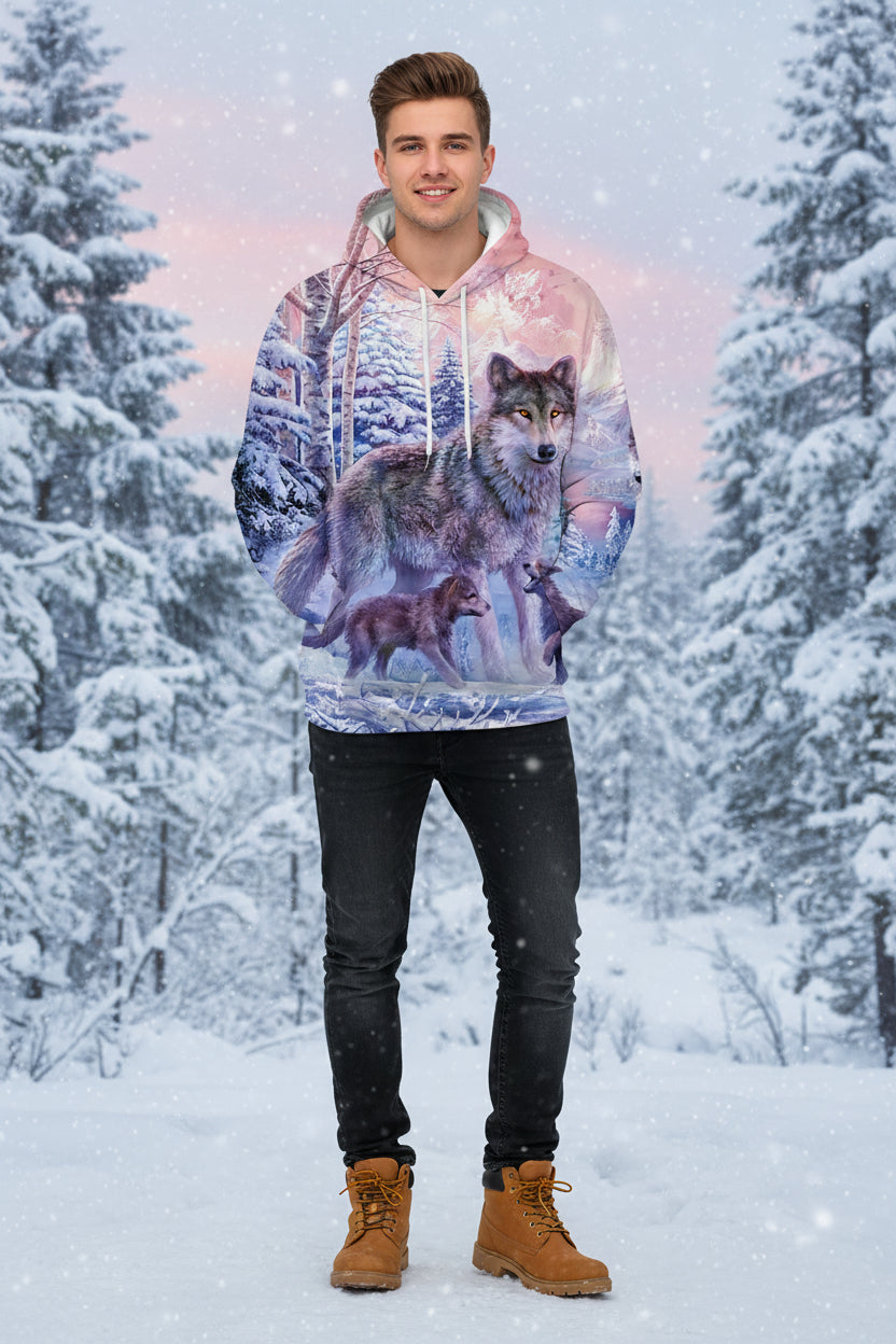 Hoodie with a wolf and wolf cubs design in a snowy landscape