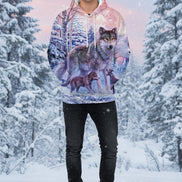 Hoodie with a wolf and wolf cubs design in a snowy landscape