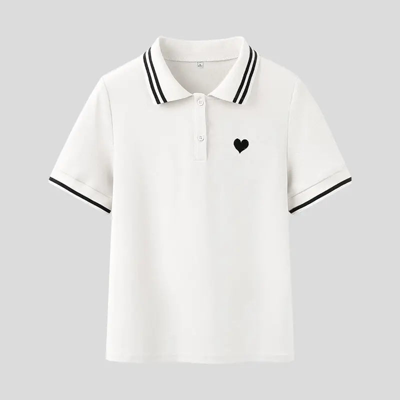 Polo Neck Shirt for Women100℅ Cotton  Woman T Embroidery Button Graphic Slim Korean Clothing Trend 2025 Youthful Elegant Style