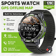 A rugged black sports watch with a textured black strap, shown on a white background with green feature callouts and text. The watch face displays a fitness app 