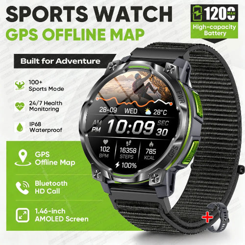 A rugged black sports watch with a textured black strap, shown on a white background with green feature callouts and text. The watch face displays a fitness app 