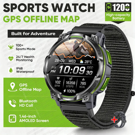A rugged black sports watch with a textured black strap, shown on a white background with green feature callouts and text. The watch face displays a fitness app 