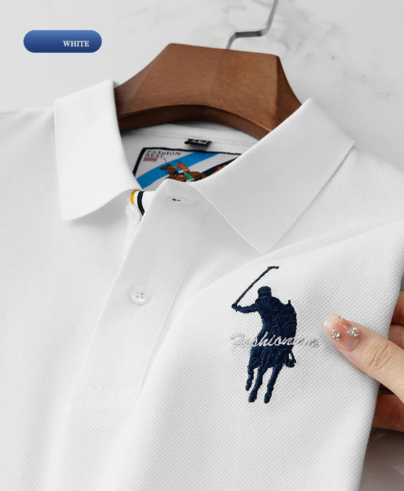 Luxury Embroidery Men's Polo Shirt Summer Thin Breathable 100%Cotton Black Navy Blue Lapel Short-Sleeved Tops Brand Clothing