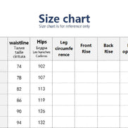 Size chart for pants with measurements in centimeters