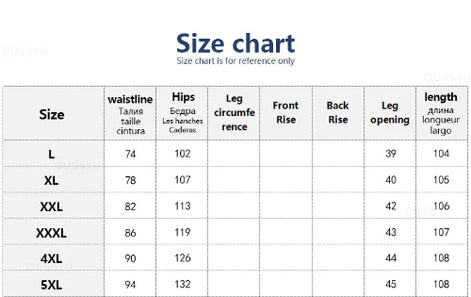 Size chart for pants with measurements in centimeters