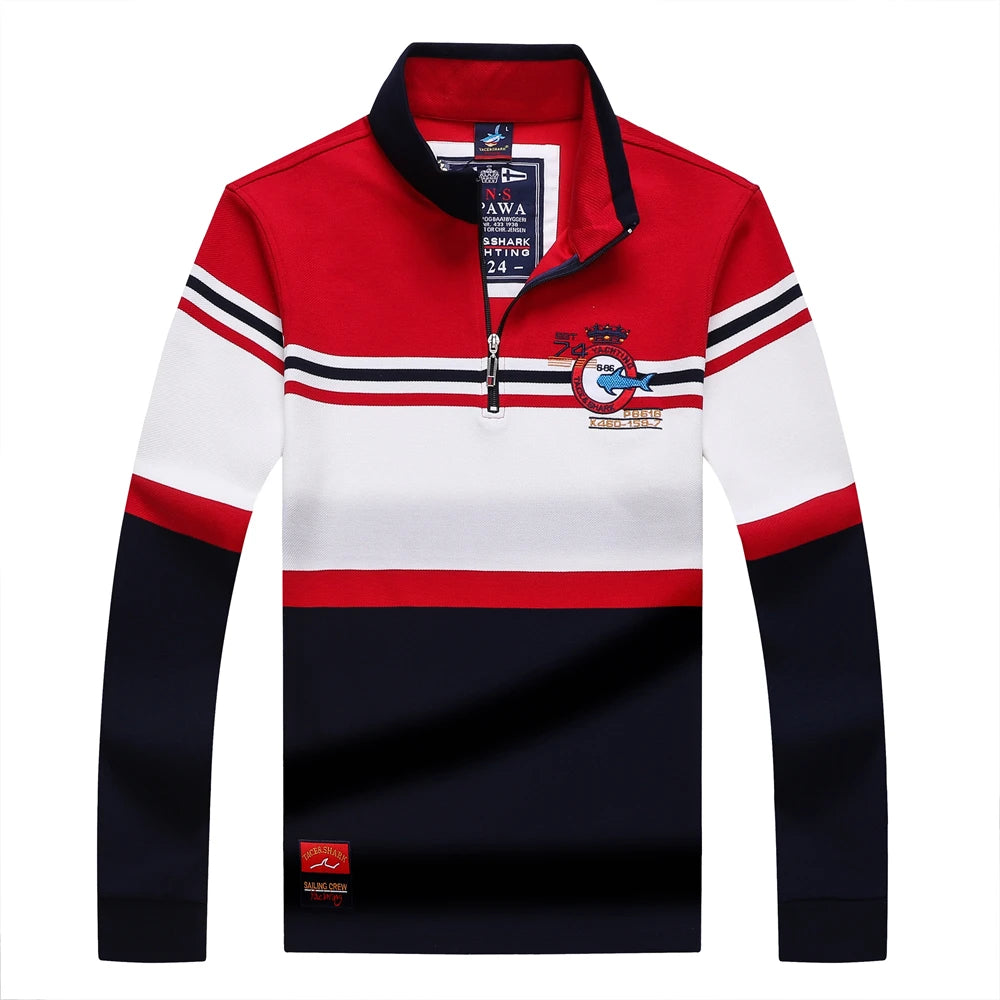 TACE&SHARK Brand Shark Fashion Men‘s Long Sleeve Stand Collar Polo Shirt Striped Breathable Cotton Casual Wear Business Style