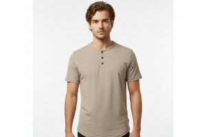 Beige short-sleeve henley shirt on a white background