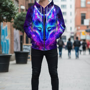 Hoodie with a wolf design in purple and blue colors on a white background