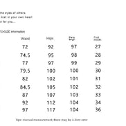 A size chart table with columns for Waist, Hips, Parts length, and Foot mouth, listing measurements from size 28 to 38 on a white background.