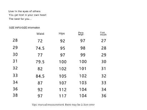 A size chart table with columns for Waist, Hips, Parts length, and Foot mouth, listing measurements from size 28 to 38 on a white background.